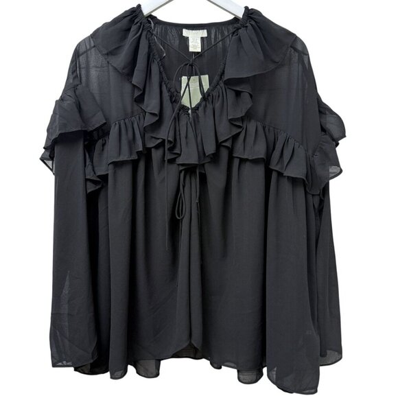H&M Ruffle Blouse Black XS Oversized Chiffon Peasant Poet Flowy Top NWT - Picture 1 of 9